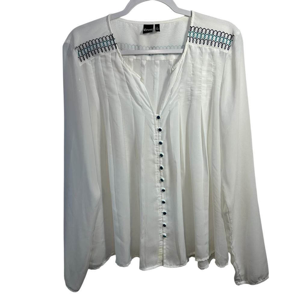 Cruel Girl Sheer White Button Up Blouse SZ L Embroidered Western Boho Pleated